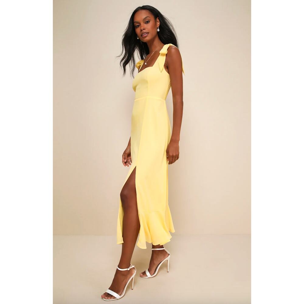 Lulus Summer Invite Yellow Tie-Strap Tiered Midi Dress Party Cocktail Small NWT - Picture 2 of 11